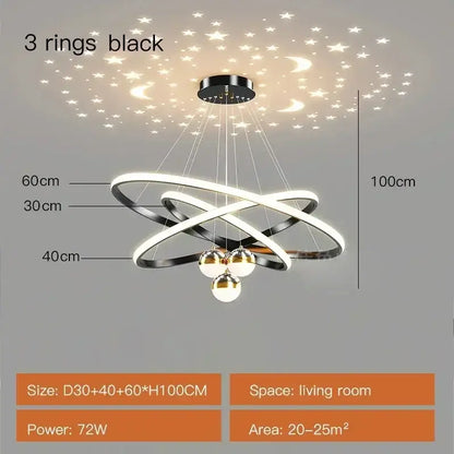 Modern black & gold starry sky led chandelier living room ring light