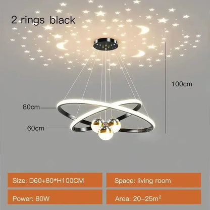 Modern black & gold starry sky led chandelier living room ring light