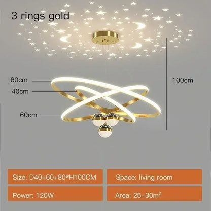Modern black & gold starry sky led chandelier living room ring light
