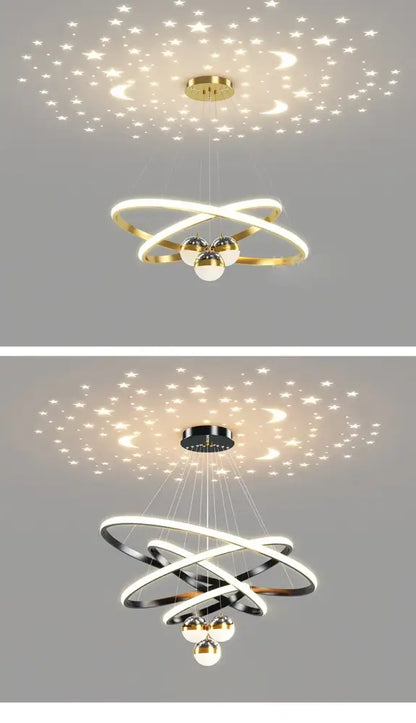 Modern black & gold starry sky led chandelier living room ring light