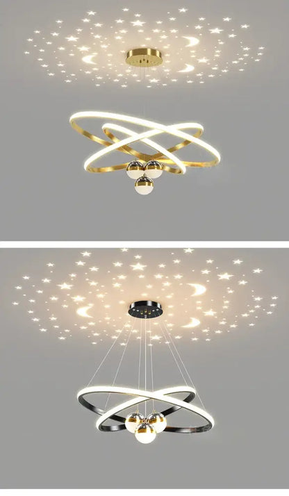 Modern black & gold starry sky led chandelier living room ring light