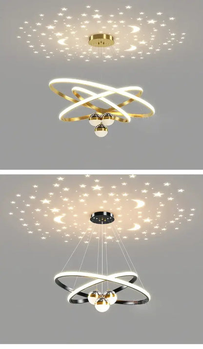 Modern black & gold starry sky led chandelier living room ring light