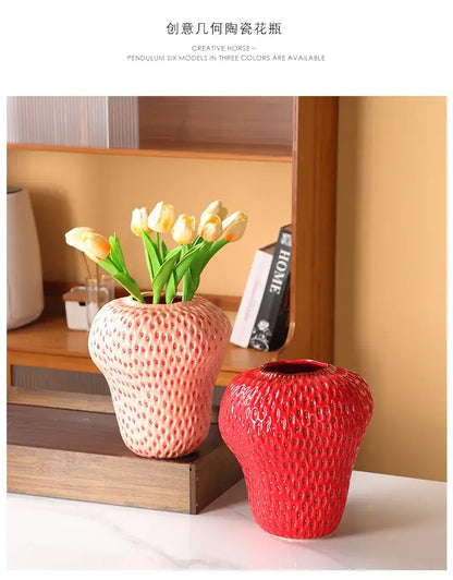 Vibrant red strawberry cartoon ceramic vase for kids room