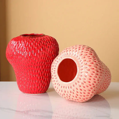 Vibrant red strawberry cartoon ceramic vase for kids room