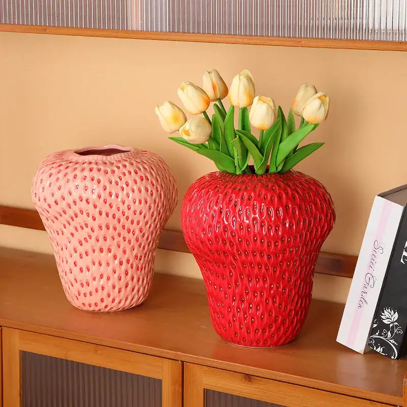 Vibrant red strawberry cartoon ceramic vase for kids room