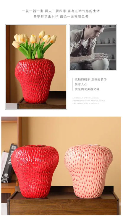 Vibrant red strawberry cartoon ceramic vase for kids room
