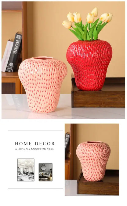 Vibrant red strawberry cartoon ceramic vase for kids room