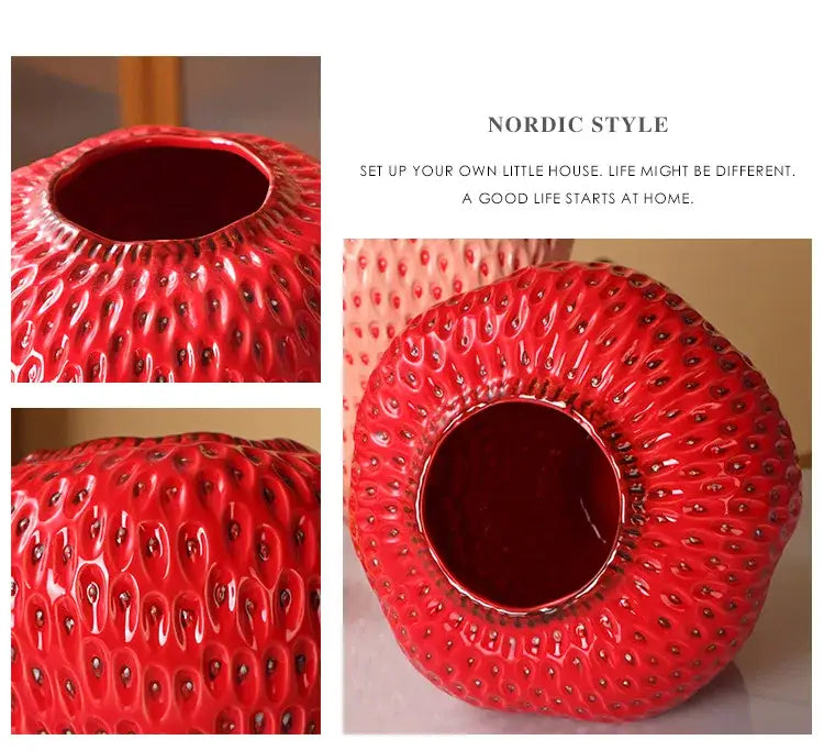 Vibrant red strawberry cartoon ceramic vase for kids room