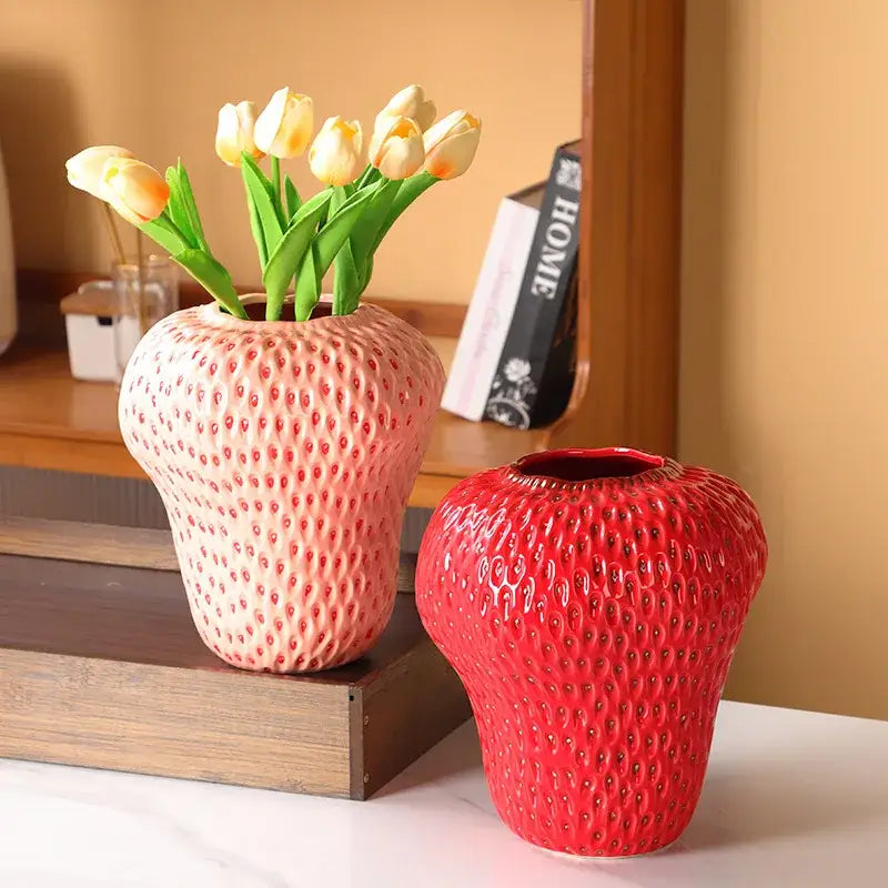 Vibrant red strawberry cartoon ceramic vase for kids room