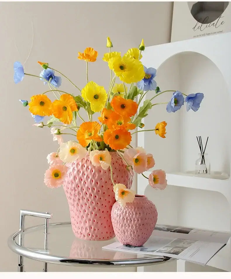 Pink ceramic cartoon strawberry flower vase for bedroom decor