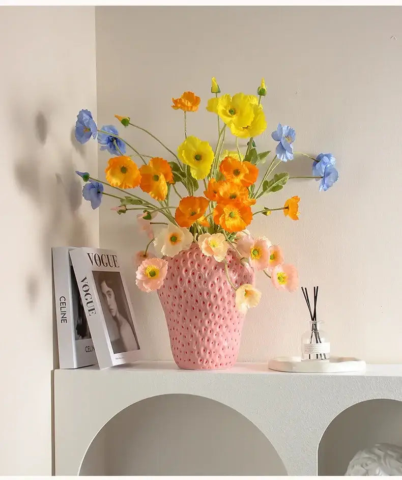 Pink ceramic cartoon strawberry flower vase for bedroom decor