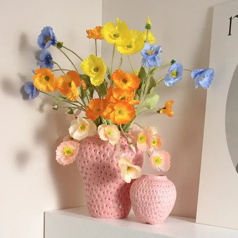 Pink ceramic cartoon strawberry flower vase for bedroom decor