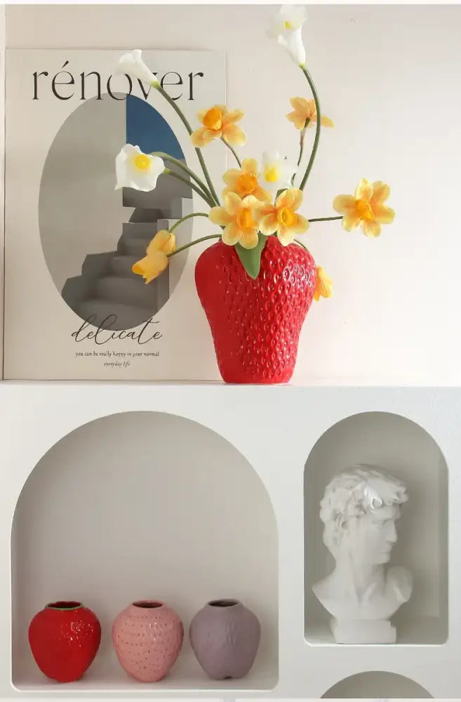 Pink ceramic cartoon strawberry flower vase for bedroom decor