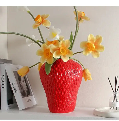 Pink ceramic cartoon strawberry flower vase for bedroom decor