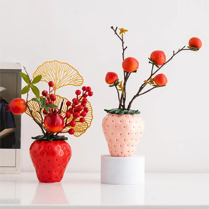 Red and green strawberry shaped ceramic planter pot kitchen decor