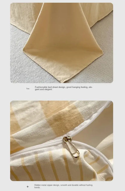Striped cream & beige quilted quilt set with bed sheet bedroom