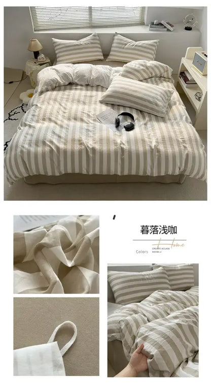 Striped cream & beige quilted quilt set with bed sheet bedroom