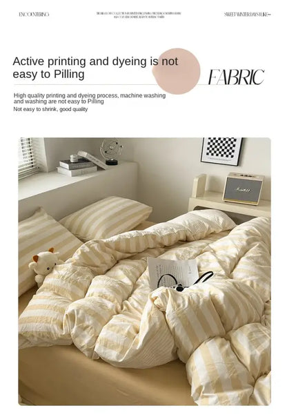 Striped cream & beige quilted quilt set with bed sheet bedroom