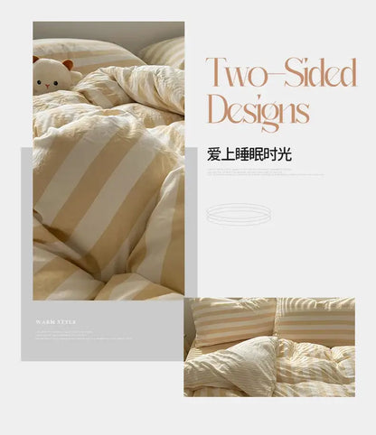 Striped cream & beige quilted quilt set with bed sheet bedroom