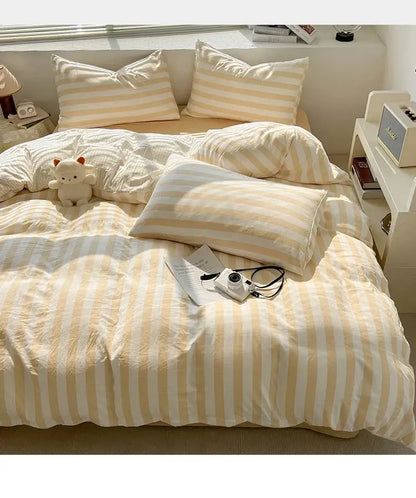 Striped cream & beige quilted quilt set with bed sheet bedroom