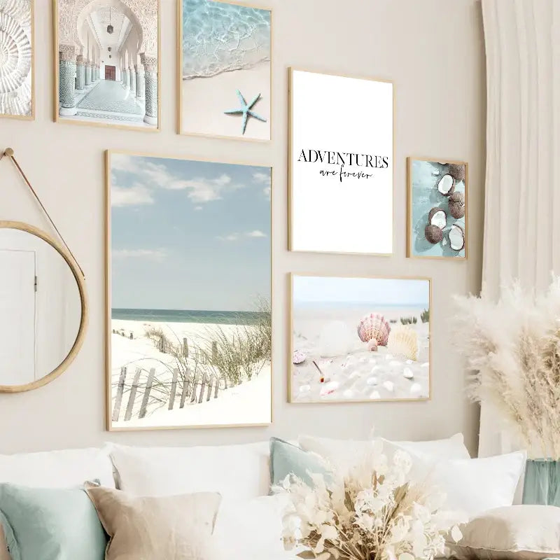 Coastal blue starfish beach seashell canvas wall art for living room