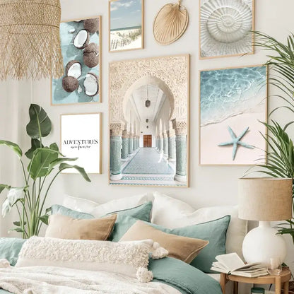Coastal blue starfish beach seashell canvas wall art for living room
