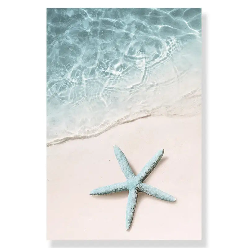 Coastal blue starfish beach seashell canvas wall art for living room