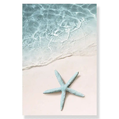 Coastal blue starfish beach seashell canvas wall art for living room