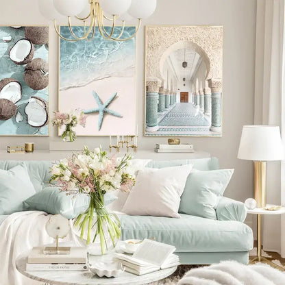 Coastal blue starfish beach seashell canvas wall art for living room