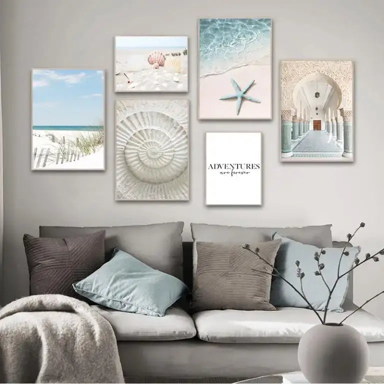 Coastal blue starfish beach seashell canvas wall art for living room