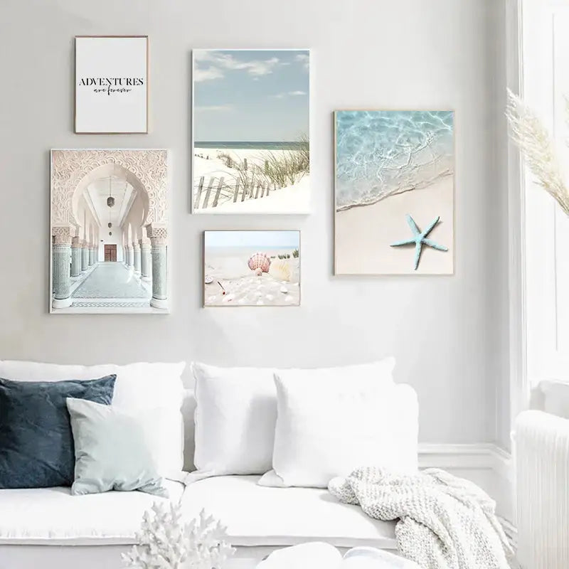 Coastal blue starfish beach seashell canvas wall art for living room