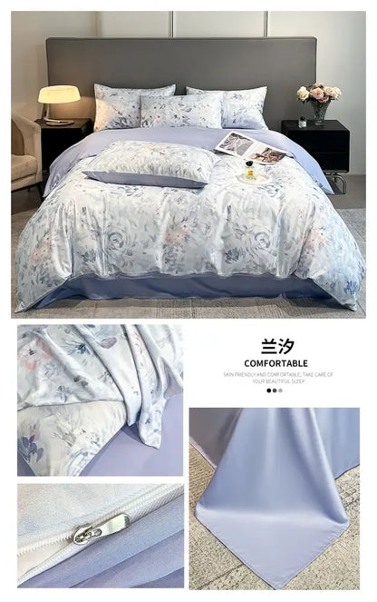 Pastel floral satin silk duvet cover set bedroom bedding