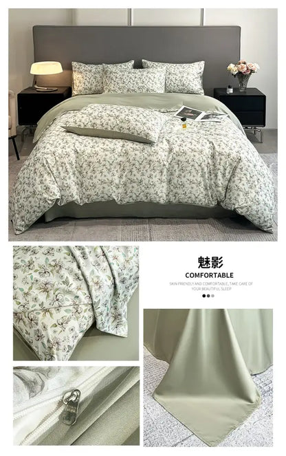 Pastel floral satin silk duvet cover set bedroom bedding