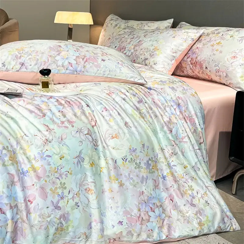 Pastel floral satin silk duvet cover set bedroom bedding