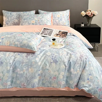 Pastel floral satin silk duvet cover set bedroom bedding