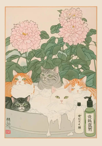 Vintage pastel tabby cat wall art set of 12 bathroom decor