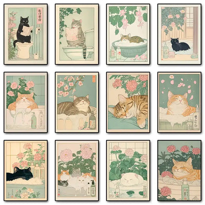 Vintage pastel tabby cat wall art set of 12 bathroom decor