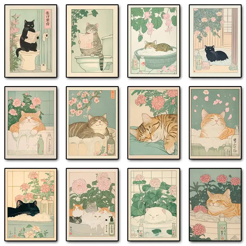 Vintage pastel tabby cat wall art set of 12 bathroom decor