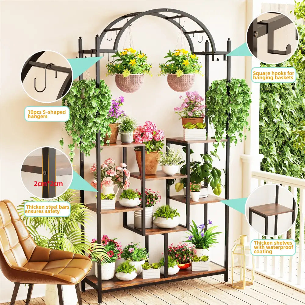 Modern black metal and wood 5 tier plant stand with hanging hooks living room