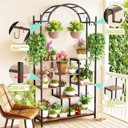 Modern black metal and wood 5 tier plant stand with hanging hooks living room