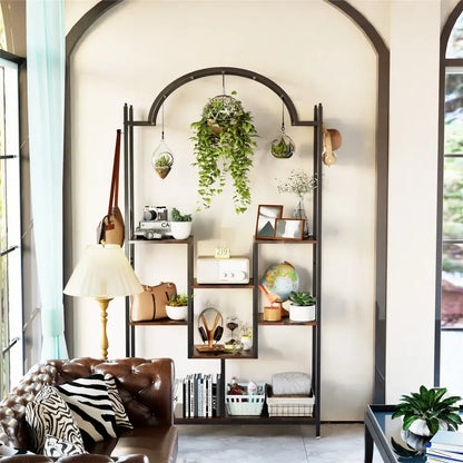 Modern black metal and wood 5 tier plant stand with hanging hooks living room