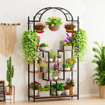 Modern black metal and wood 5 tier plant stand with hanging hooks living room