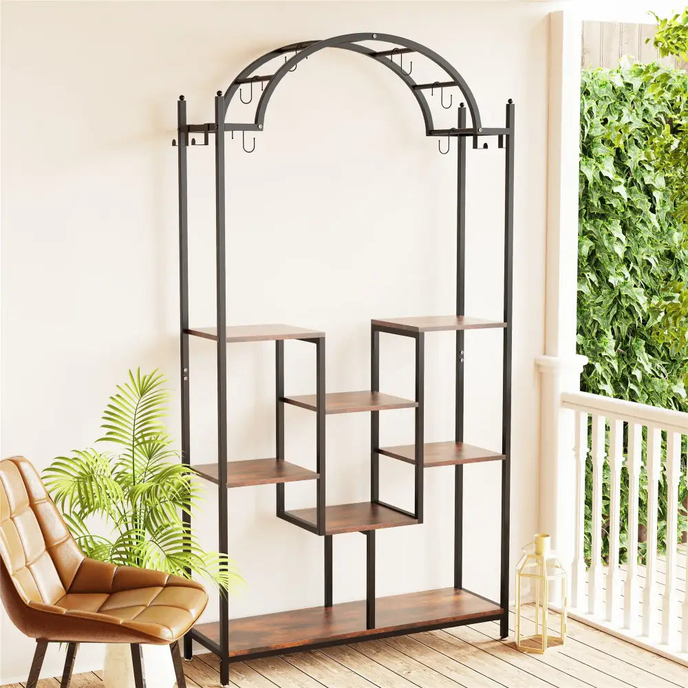 Modern black metal and wood 5 tier plant stand with hanging hooks living room