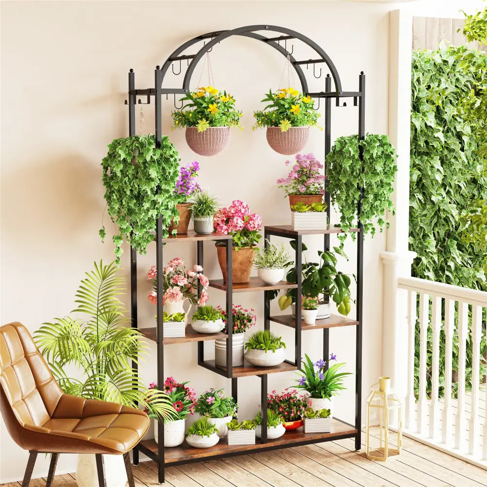 Modern black metal and wood 5 tier plant stand with hanging hooks living room