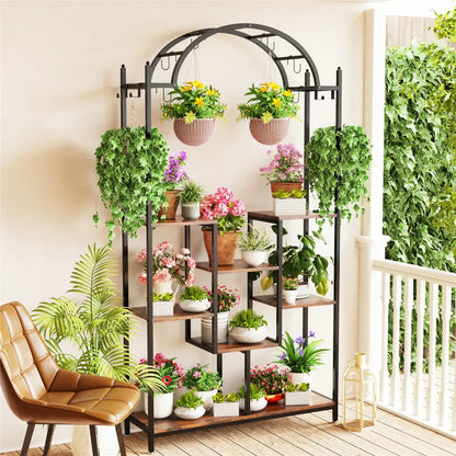 Modern black metal and wood 5 tier plant stand with hanging hooks living room