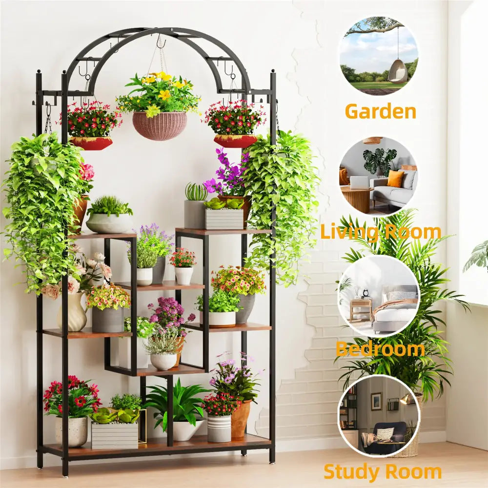 Modern black metal and wood 5 tier plant stand with hanging hooks living room