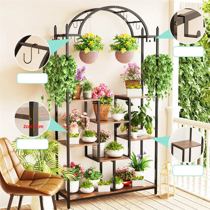 Modern black metal and wood 5 tier plant stand with hanging hooks living room