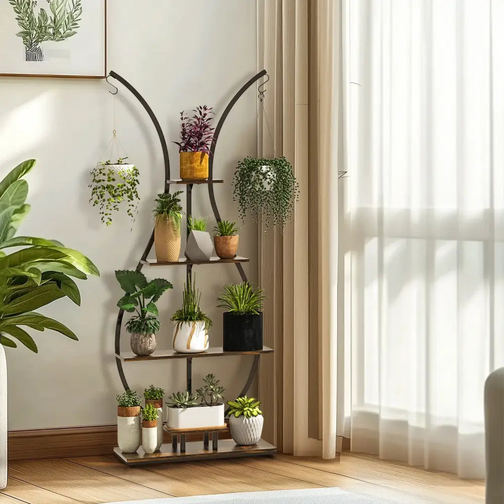 Bunny shaped black & wood metal plant stand living room wall shelf