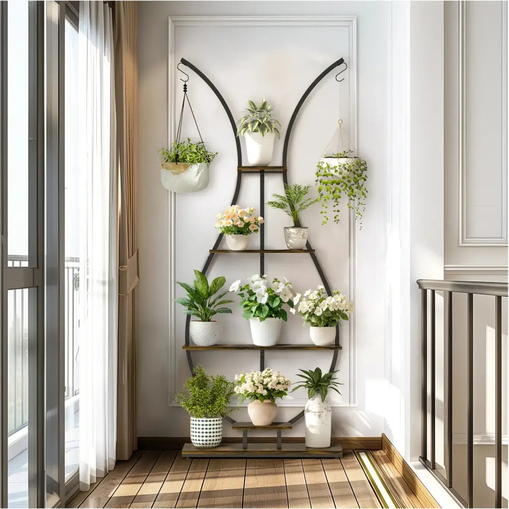 Bunny shaped black & wood metal plant stand living room wall shelf
