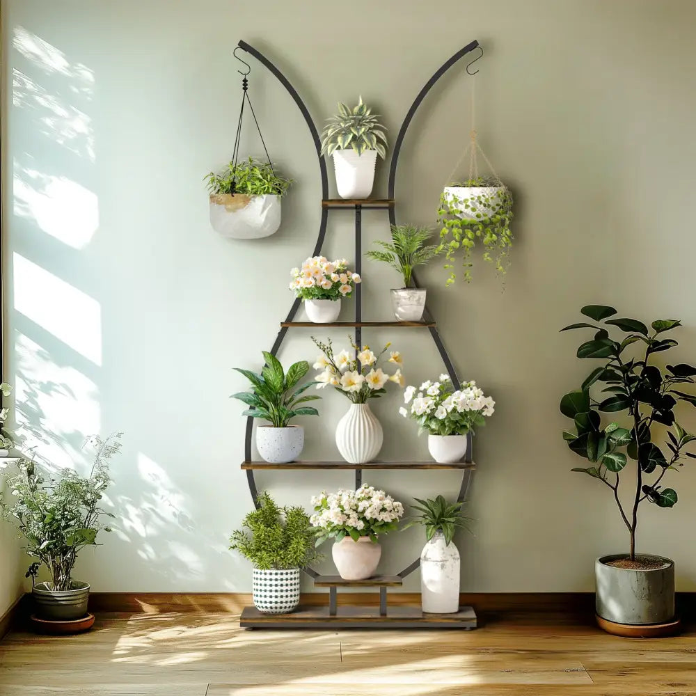 Bunny shaped black & wood metal plant stand living room wall shelf